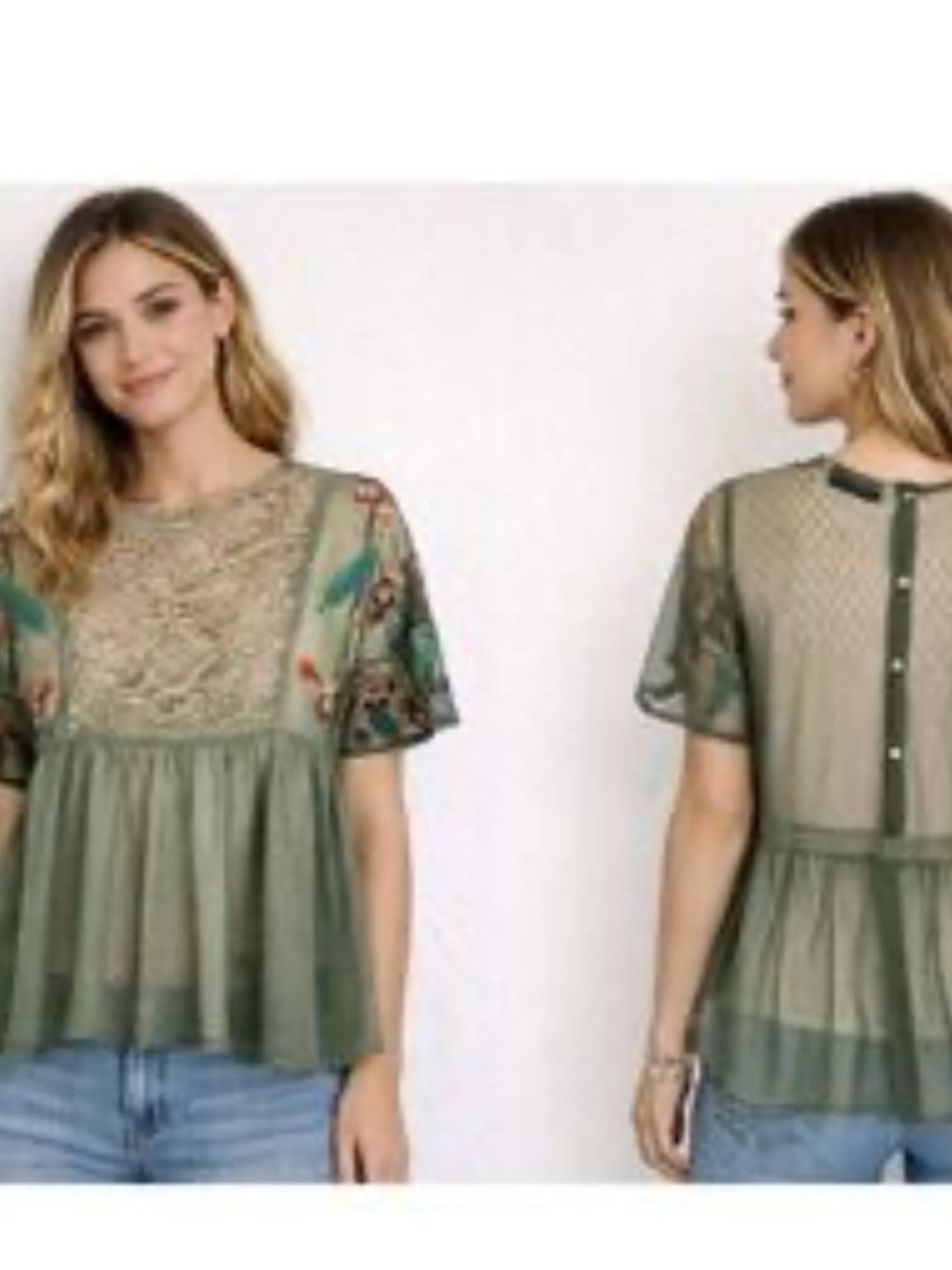 Floral Sheer Swiss Dot Olive Green Lace Embroidered Babydoll Top Boho Fairycore